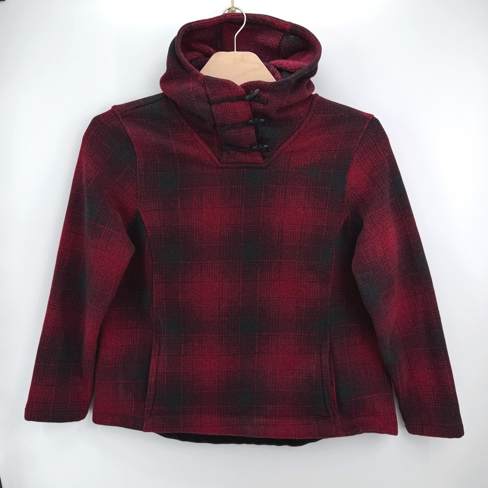 North Face Fleece Hoodie Womens XXL Red Black Plaid Toggle Funnel Neck Pullover